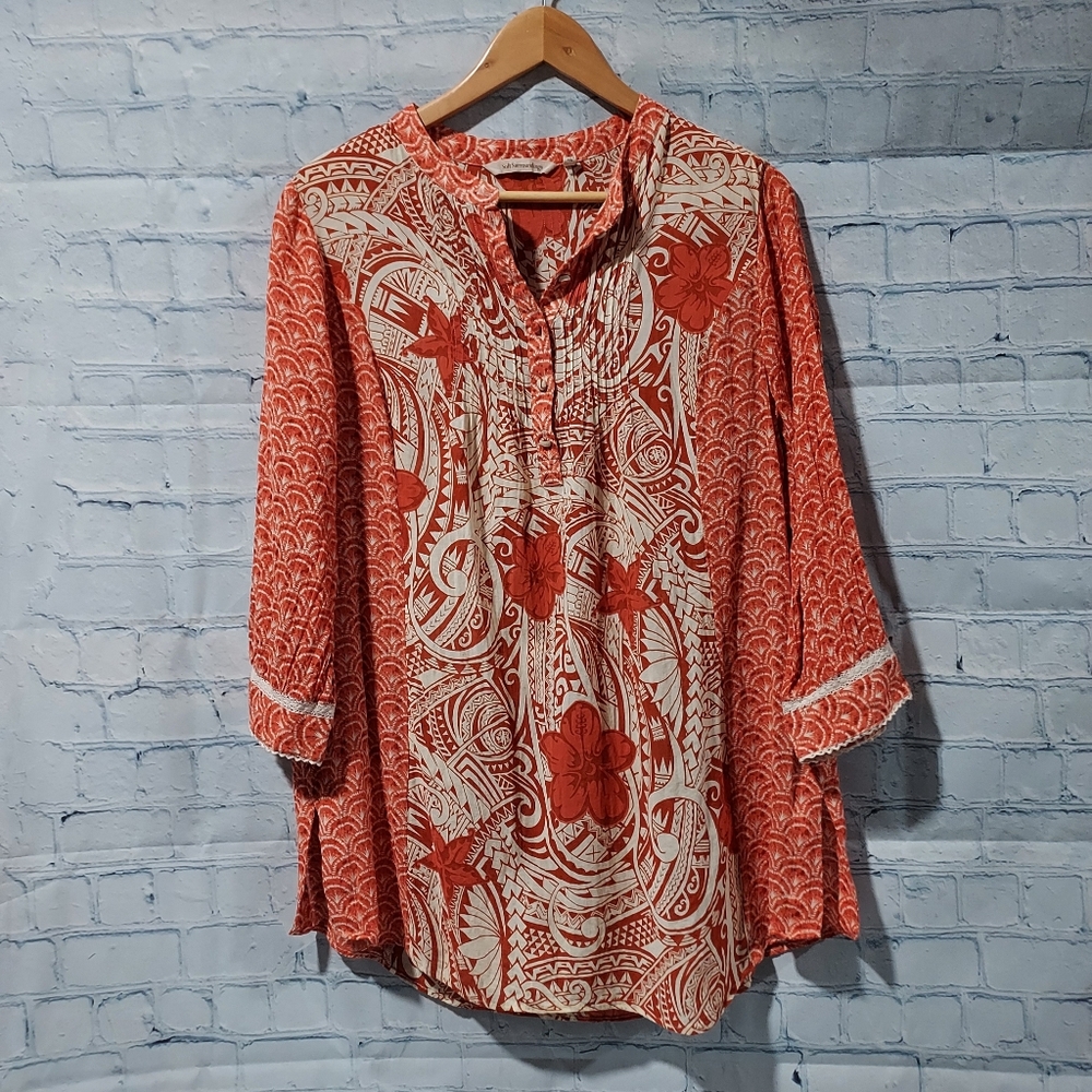 Soft Surroundings M Floral Mixed Print 3/4 Sleeve Popover Tunic Tropical No Cami
